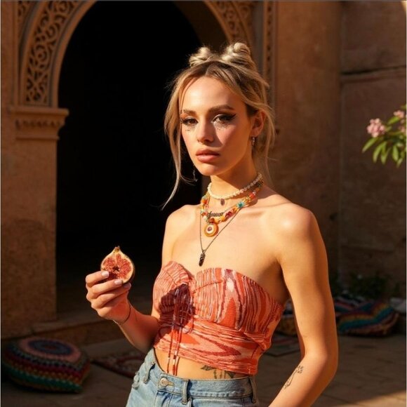 Cotton Candy Vibrant Orange Ruched Strapless Crop Top - Rooftop Radiance Edition - Picture 2 of 4